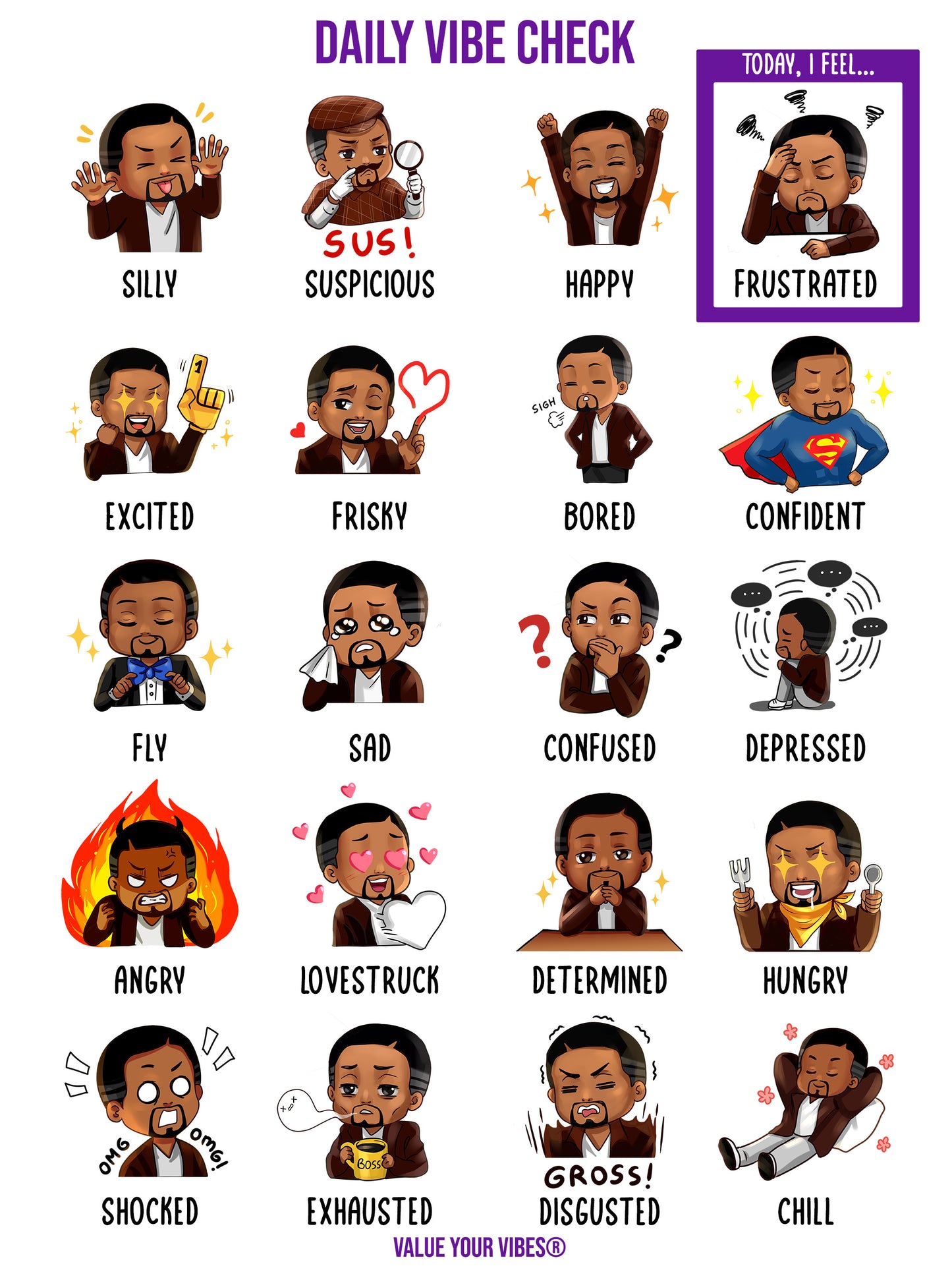 Value Your Vibes - Black Emotions and Feelings Chart Poster - Daily Vibe Check Poster